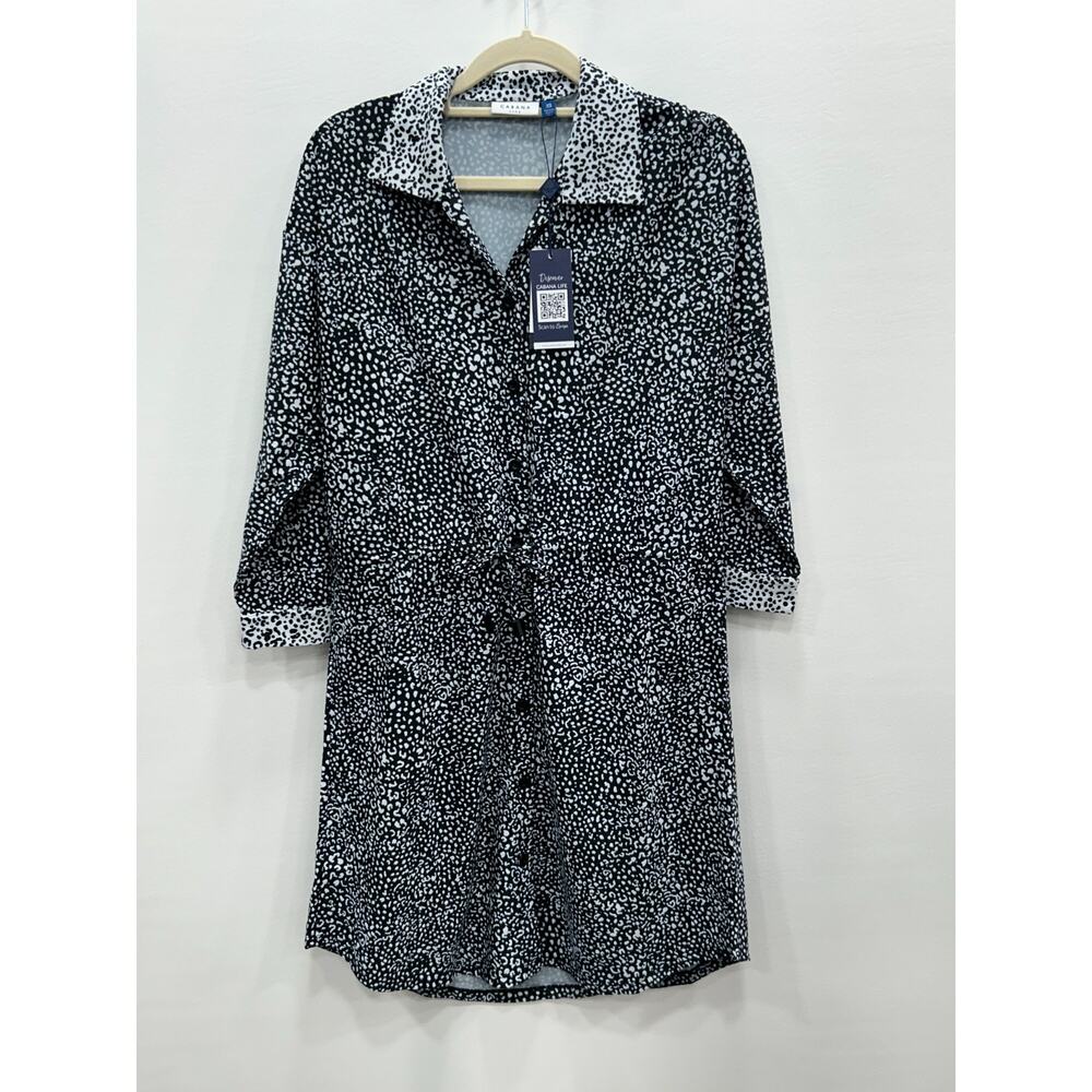 NWT Cabana Life Womens Black White Leopard Print Long Sleeve Shirt Dress Size XS